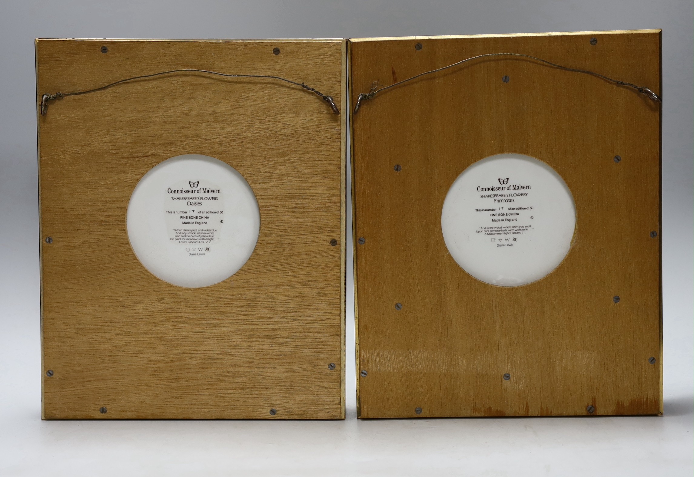 A pair of framed Connoisseur of Malvern, ‘Shakespeare’s Flower Daisies’, bone china plaques, 7cms wide, 11cms high